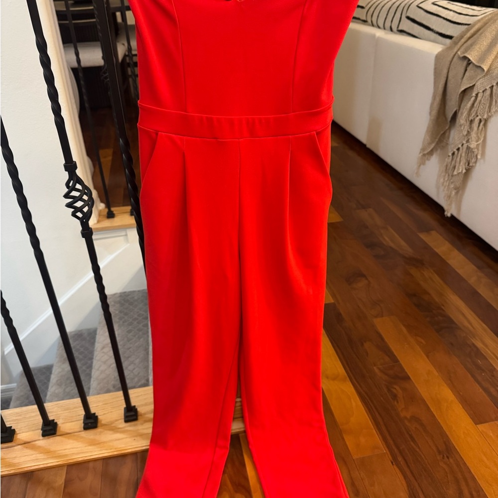 Express Red Tailored Strapless Jumpsuit